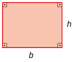 Figura geométrica. Retângulo verde com medidas dos lados b e h e 4 ângulos retos indicados.