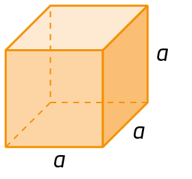 Figura geométrica. Cubo laranja com medidas das dimensões a por a por a.