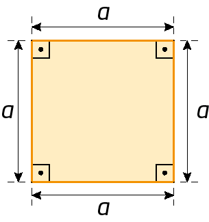 Figura geométrica. Quadrado laranja com medida a em cada lado e 4 ângulos retos indicados.