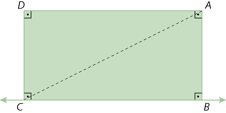 Figura geométrica. Retângulo ABCD com os ângulos retos indicados. Uma reta passa pelo lado BC. Diagonal AC tracejada