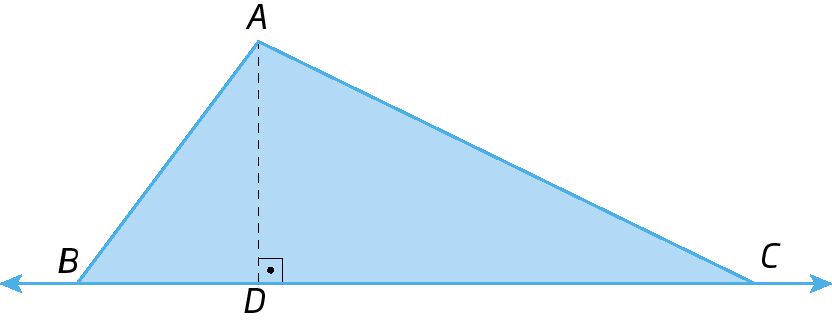 Figura geométrica. Triângulo azul ABC acutângulo.  Uma reta passa pelo lado BC. Um segmento tracejado vai de A ao ponto D, pertencente ao lado BC. AD é perpendicular é BC.