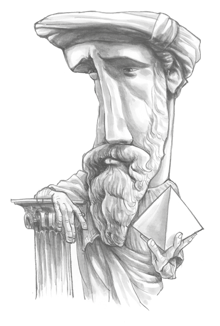 Ilustração. Caricatura de um homem com barba e vestimentas que remetem à Grécia antiga, com um braço apoiado em uma coluna e tem na outra mão um papel com uma marcação de dobra