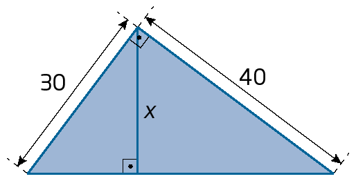 Figura geométrica. Triângulo retângulo azul cujos catetos tem como medidas de comprimento 30 e 40. A altura em relação à hipotenusa tem como medida de comprimento x.