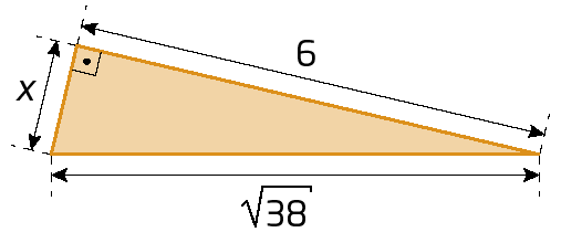Figura geométrica. Triângulo retângulo alaranjado. A medida de comprimento dos catetos são x e 6. A medida de comprimento da hipotenusa é raiz quadrada de 38.