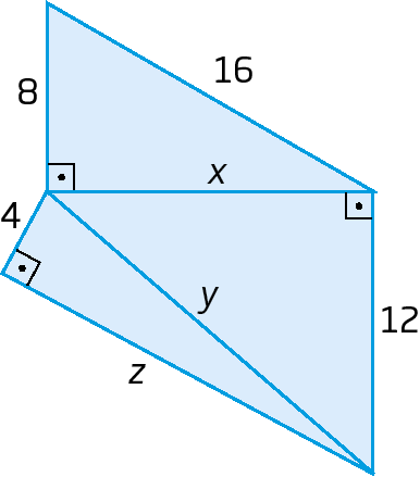 Figura geométrica. Figura geométrica composta por 3 triângulos retângulos. No primeiro triângulo retângulo os catetos tem medidas de comprimento 8 e x e a hipotenusa tem medida de comprimento de 16. A partir do cateto de medida de comprimento x, o segundo triângulo retângulo cujos catetos tem medidas de comprimento x e 12 e a hipotenusa tem medida de comprimento y. A partir da hipotenusa do segundo triângulo, o terceiro triângulo retângulo, cujos catetos tem medidas de comprimento 4 e z e a hipotenusa tem como medida de comprimento z.