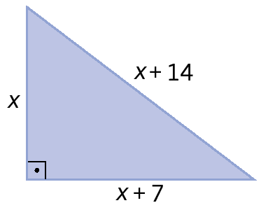 Figura geométrica. Triângulo retângulo azul. As medidas de comprimento dos catetos são x e x mais 7. A medida de comprimento da hipotenusa é x mais 14.