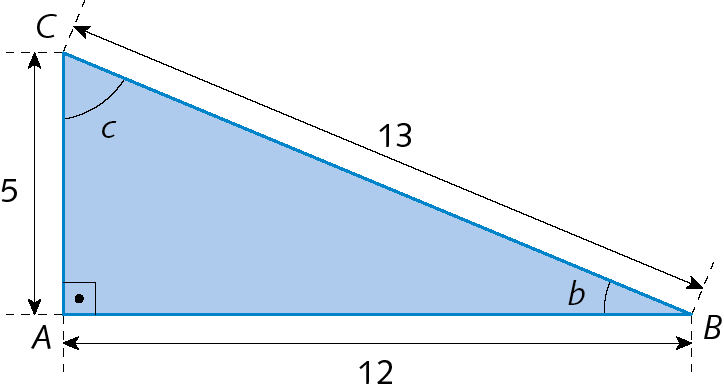 Figura geométrica. Triângulo retângulo azul, ABC com ângulo reto em A e outros ângulos com medidas de abertura de b e c. A medida de comprimento do cateto AC é 5 e do cateto AB é 12 e a medida de comprimento da hipotenusa BC é 13.