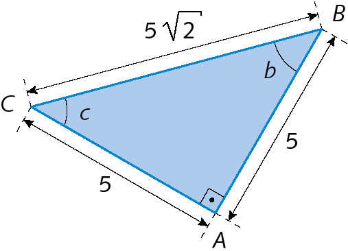 Figura geométrica. Triângulo retângulo azul ABC com ângulo reto em A e os outros ângulos com medidas de abertura de b e c. A medida de comprimento do cateto AC e do cateto AB é 5 e a medida de comprimento da hipotenusa BC é 5 raiz quadrada de 2.