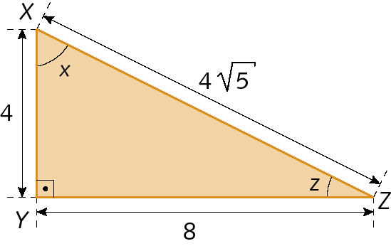 Figura geométrica. Triângulo retângulo alaranjado, XYZ com ângulo reto em Y e os outros ângulo com medida de abertura de x e z. A medida de comprimento do cateto XY é 4 e do cateto YZ é 8 e a medida de comprimento da hipotenusa XZ é 4 raiz quadrada de 5.