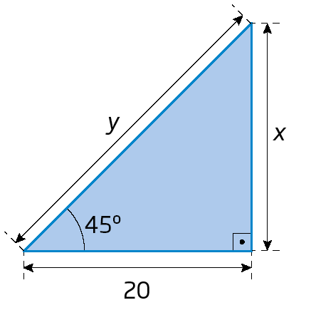 Figura geométrica. Triângulo retângulo azul com ângulo reto e ângulo com medida de abertura de 45 graus. As medidas de comprimento dos catetos são: x (cateto oposto ao ângulo de 45 graus) e 20 e a medida de comprimento da hipotenusa é y.