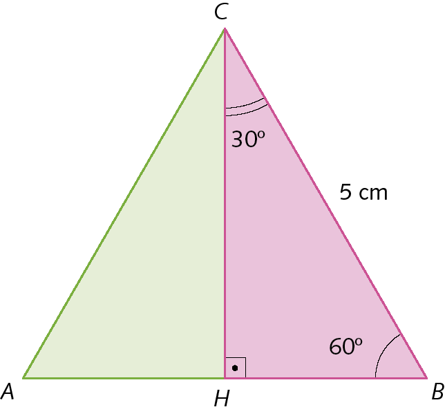 Figura geométrica. Triângulo ABC, o lado BC tem medida de comprimento 5 centímetros e o ângulo B têm medida de abertura de 60 graus. Altura do vértice C ao ponto H no lado AB, formando dois triângulos retângulos  HBC e HAC. O ângulo HCB do triângulo HBC tem medida de abertura de 30 graus.
