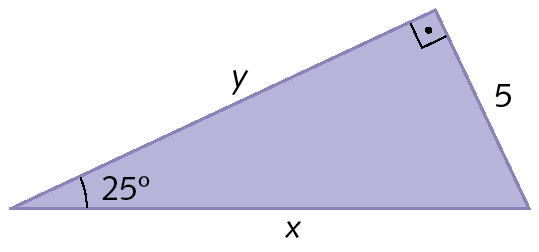Figura geométrica. Triângulo retângulo roxo. 
A medida de comprimento da hipotenusa é x e as medidas de comprimento dos catetos são 5 e y.
O ângulo com medida de abertura de 25 graus é oposto ao cateto de medida de comprimento 5.