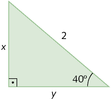 Figura geométrica. Triângulo retângulo verde. 
A medida de comprimento da hipotenusa é 2 e as medidas de comprimento dos catetos são x e y.
O ângulo oposto ao lado com medida de comprimento x, tem medida de abertura de 40 graus.