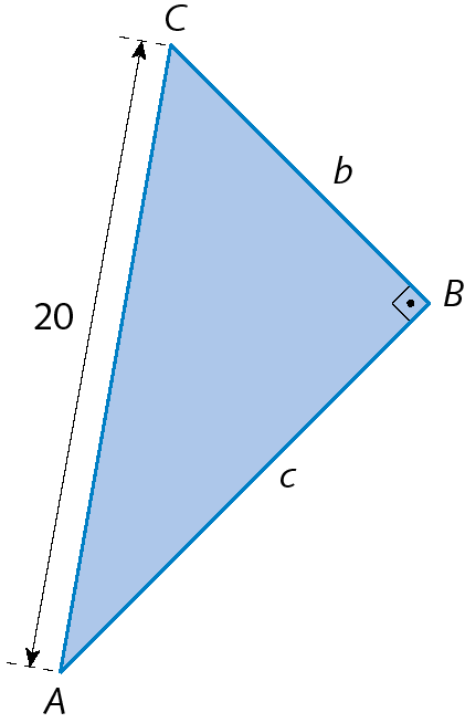 Figura geométrica. Triângulo retângulo ABC, o ângulo B, de 90 graus está indicado. A medida de comprimento do cateto AB está representada por c. A medida de comprimento do cateto BC está representada por b. A medida de comprimento da hipotenusa AC é 20.