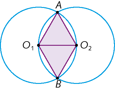 Ilustração. Circunferência com centro O1. À direita, circunferência com centro O2. C 1 e C 2 se interseccionam nos pontos A e B. Os pontos O 1, A, O 2 e B formam um losango com reta horizontal de O1 até O2.