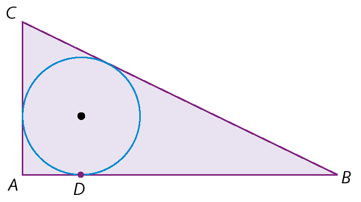 Ilustração. Triângulo ABC com circunferência dentro, tocando o triângulo em cada lado em um ponto. O ponto em que a circunferência encosta no lado AB do triângulo é D.
