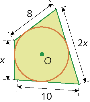 Ilustração. Quadrilátero com lados medindo 2x, 8, 10, x. Dentro, circunferência com centro O, tocando o quadrilátero em cada lado em um ponto.