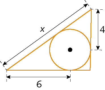 Ilustração. Triângulo formado por três retas e uma circunferência dentro que encosta nas retas em um ponto. Lateral do triângulo mede x, do vértice do triângulo até o ponto em que encosta na circunferência, medida 4. Do outro lado, do vértice do triângulo até o ponto em que encosta na circunferência, medida 6.