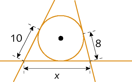 Ilustração. Triângulo formado por três retas e uma circunferência dentro que encosta nas retas em um ponto. Base do triângulo mede x, do vértice do triângulo até o ponto em que encosta na circunferência, medida 10. Do outro lado, do vértice do triângulo até o ponto em que encosta na circunferência, medida 8.