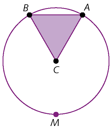 Ilustração. Circunferência com ponto C no centro, pontos A e B pertencentes à circunferência. Triângulo ABC na parte superior. Na parte inferior, sobre a circunferência, ponto M.