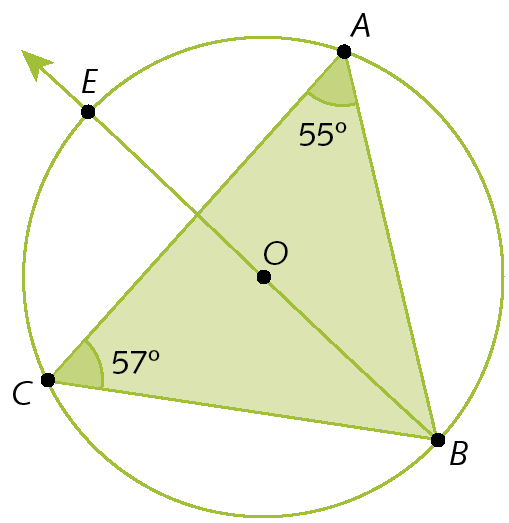 Ilustração. Circunferência com ponto O no centro. Dentro, triângulo  BC com ângulo de 55 graus em A e 57 graus em C. Reta diagonal de B cruzando a circunferência em E.