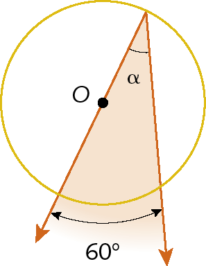 Ilustração. Circunferência com ponto O no centro. Duas retas diagonais que partem de um ponto sobre a circunferência formam ângulo alfa e arco de 60 graus. Uma das retas passa por O.