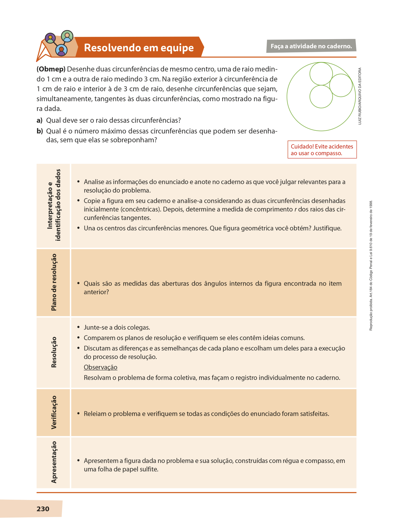 Esquema. Reprodução em tamanho reduzido de uma página da seção Resolvendo em equipe. É possível identificar um problema e etapas que encaminham a sua resolução.