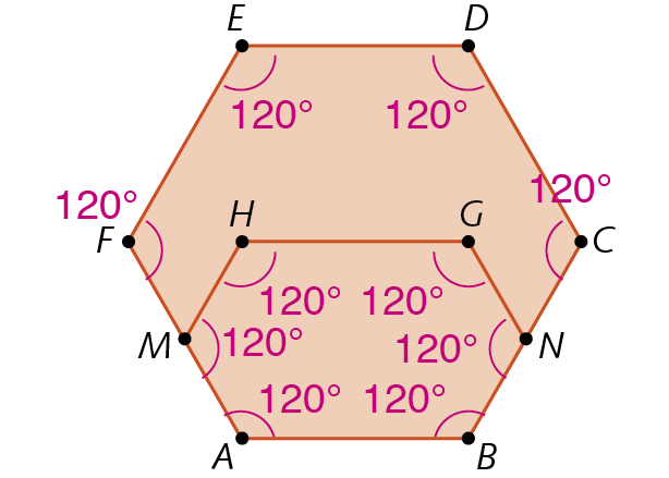 Figura geométrica. Hexágono regular ABCDEF com medida de 120 graus em cada ângulo interno. Dentro, hexágono ABNGHM com medida de 120 graus em cada ângulo interno.