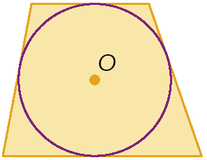 Figura geométrica. Circunferência de centro O. Fora, trapézio com 4 lados tangentes à circunferência.