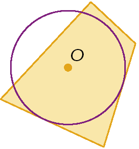 Figura geométrica. Circunferência de centro O. Quase totalmente fora, quadrilátero com 2 lados tangentes à circunferência.