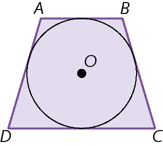 Figura geométrica. Circunferência de centro O. Fora, quadrilátero ABCD com os lados tangentes à circunferência.