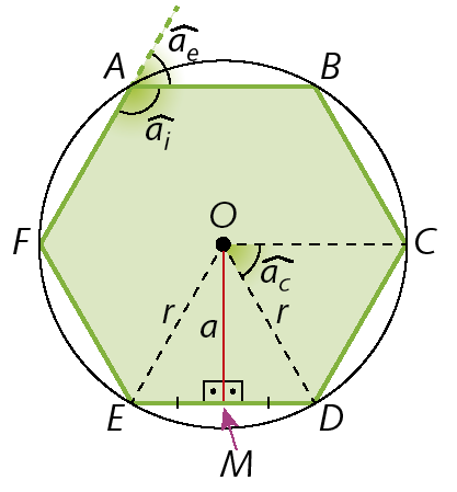 Figura geométrica. Circunferência de centro O. Dentro, hexágono ABCDEF inscrito à circunferência. No vértice A, ângulo interno AI e externo, AE. Os segmentos de reta OC, OD e OE medem R. Ângulo COD corresponde a um ângulo central AC. M é ponto médio do lado ED. Segmento de reta OM, perpendicular a ED, mede A.