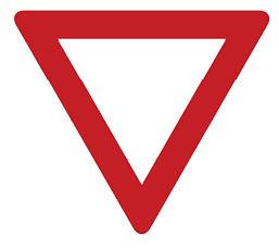 Fotografia. Placa triangular vermelha com a base do triângulo virada para cima.