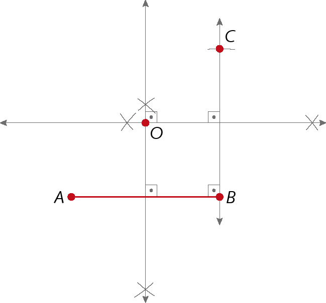 Figura geométrica. Figura anterior com marcações de arcos e construção de mediatrizes do segmentos de reta AB e BC. Na intersecção das mediatrizes, ponto O.