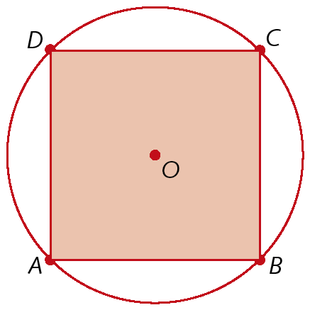 Figura geométrica. Circunferência de centro O. Dentro, quadrado ABCD inscrito à circunferência.