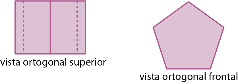 Ilustração. Representação da vista ortogonal superior. Retângulo lilás com um segmento ao meio (vertical) e dois outros tracejados paralelos ao do meio, mas próximos aos lados do retângulo. Ao lado, representação da vista ortogonal frontal. Pentágono lilás.