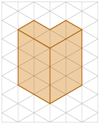Figura geométrica. Malha triangular com a representação de um sólido alaranjado: prisma, cuja a base é um polígono não convexo semelhante a letra L.