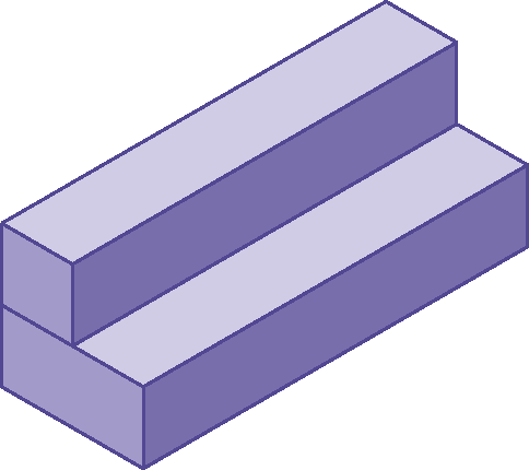 Figura geométrica. Sólido geométrico roxo composta por um paralelepípedo embaixo e um em cima com base quadrada, semelhante a dois degraus de uma escada.
