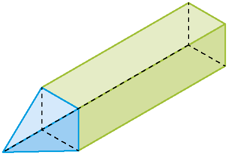 Figura geométrica. Sólido geométrico composto por um prisma de base quadrada azul e uma pirâmide de base quadrada verde com base coincidente à do prisma.