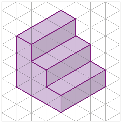 Figura geométrica. Malha triangular com a representação de um sólido roxo semelhante a uma escada de 3 degraus.