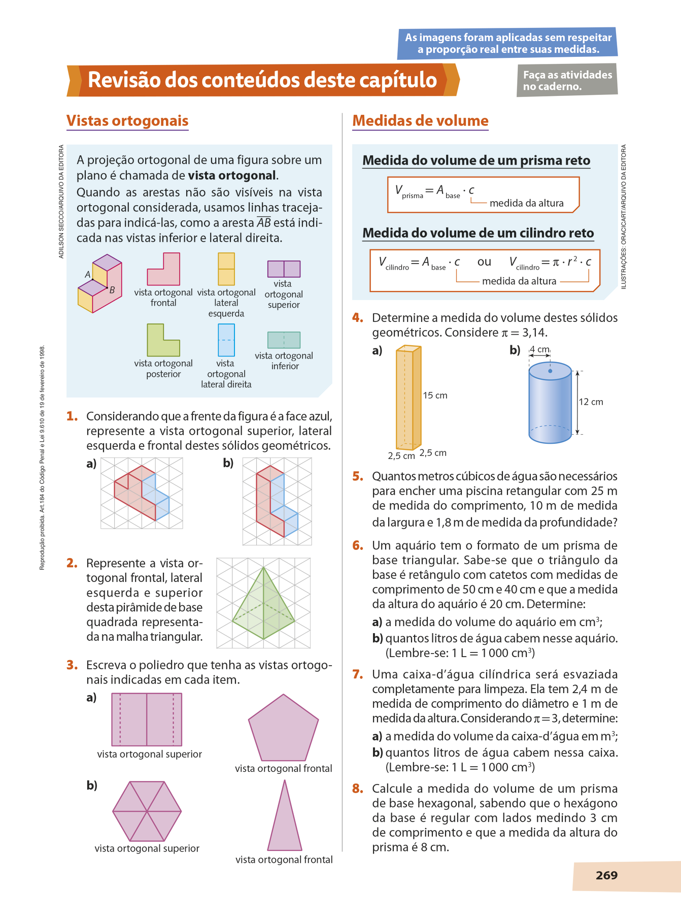 Esquema. Reprodução em tamanho reduzido de uma página da seção Revisão dos conteúdos deste capítulo. Nela, é possível identificar boxes azuis com resumos de teoria e atividades.