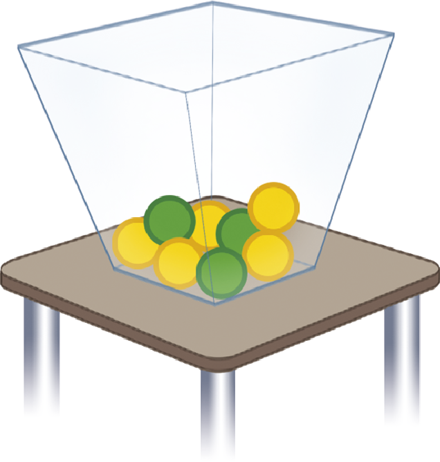 Ilustração. Urna transparente com bolinhas verdes e amarelas sobre uma mesa marrom