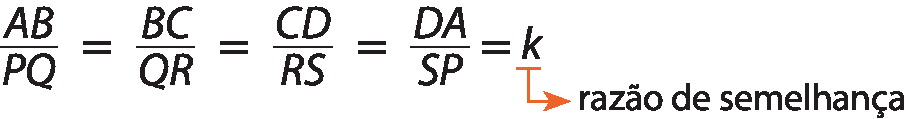 Esquema. AB sobre PQ igual a BC sobre QR igual a CD sobre RS igual a DA sobre SP igual a k. Seta para k, indicando: razão de semelhança.