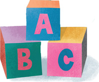 IMAGEM: três cubos, com as letras, a, bê, e, cê, desenhadas. FIM DA IMAGEM.