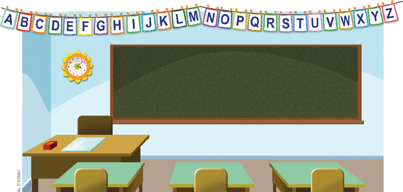 IMAGEM: uma sala de aula com três carteiras e a mesa da professora. atrás, um quadro negro na parede, um relógio, e um varal com todas as letras do alfabeto penduradas. FIM DA IMAGEM.