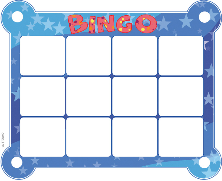 IMAGEM: uma cartela de bingo com as bordas decoradas com estrelas, e 12 espaços para resposta. FIM DA IMAGEM.