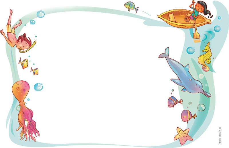 IMAGEM: ao redor do texto, uma criança rema em uma canoa e um menino nadacom peixes, um polvo, uma estrela-do-mar, um golfinho e um cavalo-marinho. FIM DA IMAGEM.