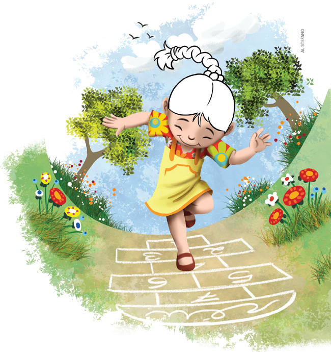 IMAGEM: uma menina sorridente pula amarelinha em um quintal. ela usa um vestido, cabelo trançado, e salta sobre a casa número 4 com um pé só. FIM DA IMAGEM.