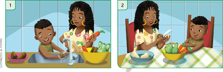 IMAGEM: modo de fazer a sopa. quadro 1. paulo e dona lívia lavam os legumes na pia da cozinha. quadro 2. lívia descasca os legumes, enquanto paulo a observa. FIM DA IMAGEM.