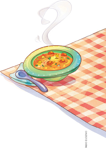 IMAGEM: um prato de sopa quente na beira de uma mesa. FIM DA IMAGEM.